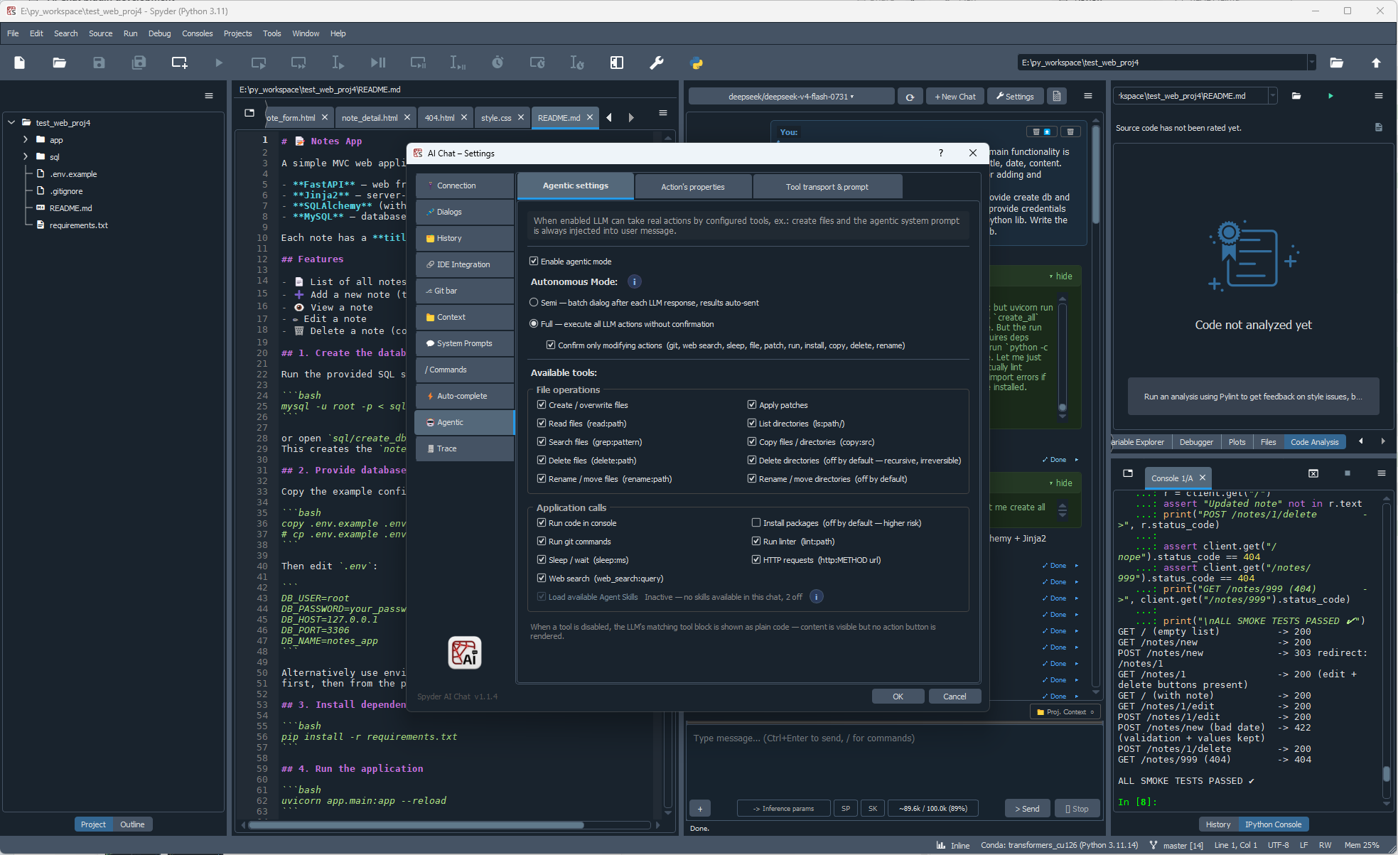 AI Chat agentic settings showing execution mode and individual tool permissions