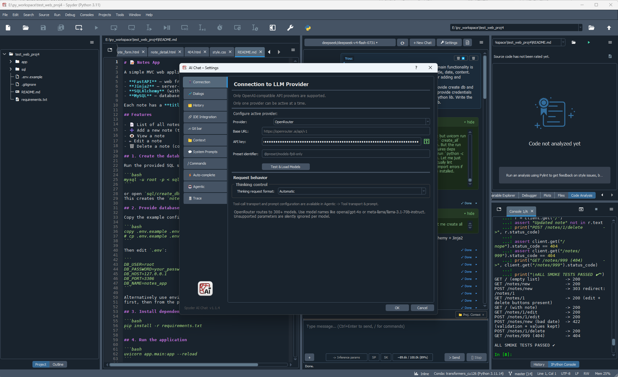 AI Chat provider settings configured for OpenRouter with a masked API key